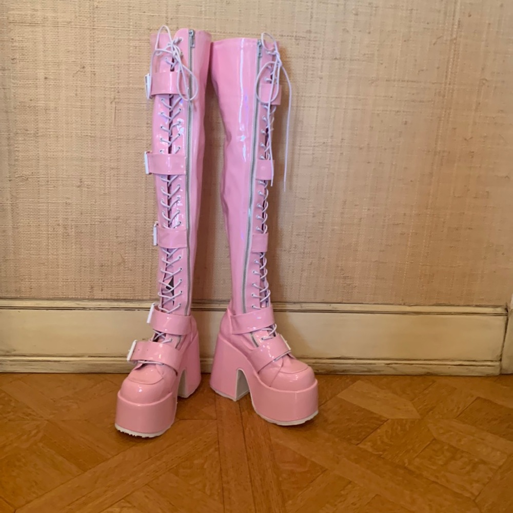 DEMONIA pink patent leather boots